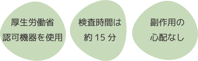 厚生労働省認可機器を使用/検査時間は約15分/副作用の心配なし