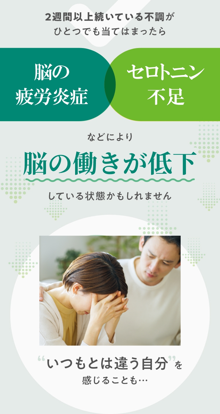 2週間以上続いている不調が ひとつでも当てはまったら脳の疲労炎症 セロトニン不足などにより脳の働きが低下している状態かもしれません いつもとは違う自分を感じることも…