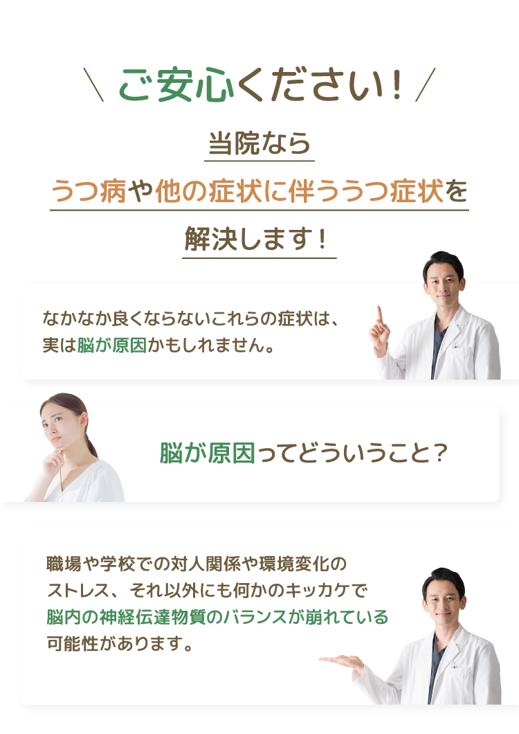 ご安心ください！　当院ならうつ病や他の症状に伴ううつ症状を解決します！ なかなか良くならないこれらの症状は、実は脳が原因かもしれません。 脳が原因ってどういうこと？ 職場や学校での対人関係や環境変化のストレス、それ以外にも何かのキッカケで脳内の神経伝達物質のバランスが崩れている可能性があります。
